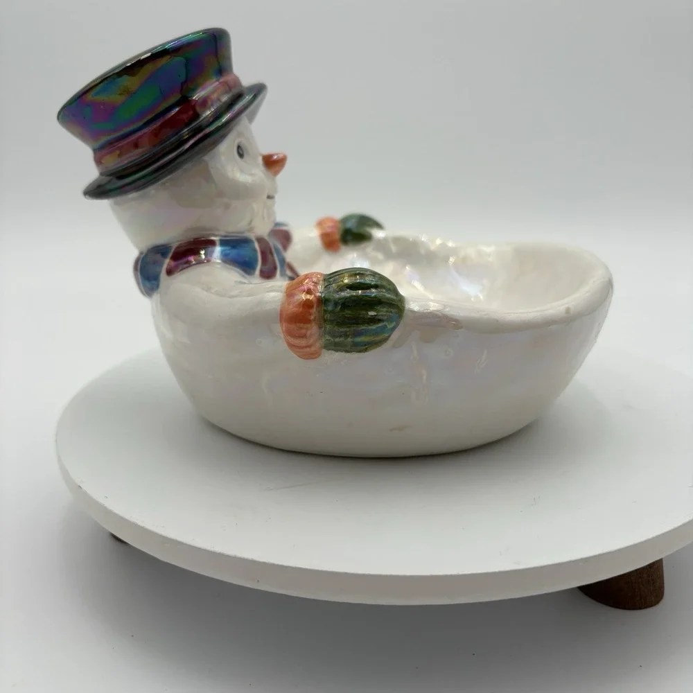 Ceramic Snowman Christmas Festive Candy Bowl Iridescent Glossy‎ Vintage